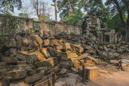 Huge Banyan Tree Ancient Angkor Wat Ruins Panorama Sunrise Asia. Banteay Kdei Temple. Siem Reap, Cambodia 