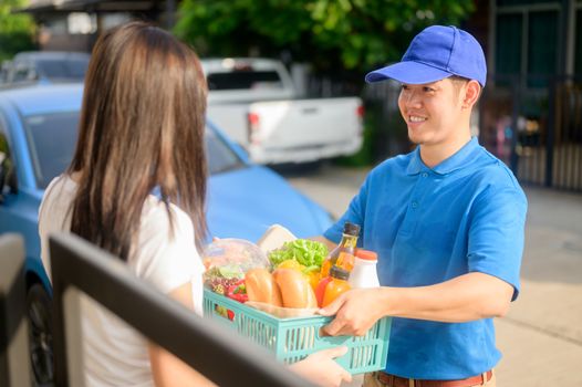 Food delivery when Lock down and Self-quarantine at home. New normal and life after COVID in Thailand, Asia. Social distancing and stay home stay safe.