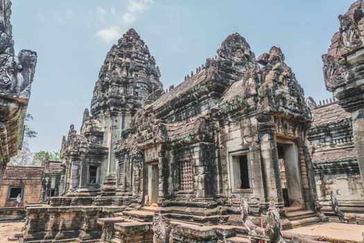 Ancient Angkor Wat Ruins Panorama. Banteay Srei Temple. Siem Reap, Cambodia 