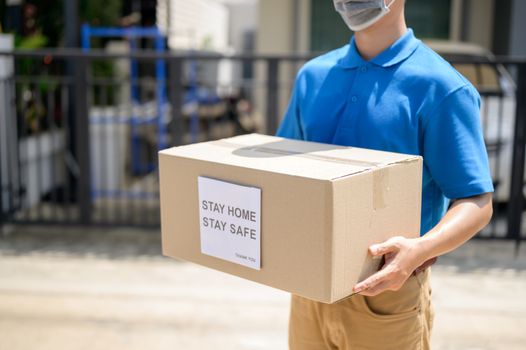 Home delivery when Lock down and Self-quarantine at home. New normal and life after COVID in Thailand, Asia. Social distancing and stay home stay safe.