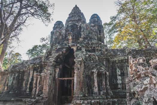 Ancient Angkor Wat Ruins Panorama. Front Gate of Angkor Thom. Siem Reap, Cambodia