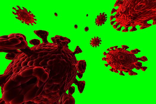 An illustration showing the structure of an epidemic virus. 3D rendering of a coronavirus on a green background