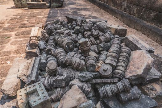 Ancient Angkor Wat Ruins Panorama. Beautiful close up of empty Angkor Wat temple complex. Eastern Mebon Temple. Siem Reap, Cambodia 