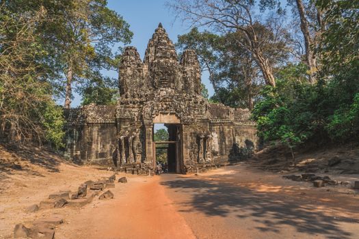 Ancient Angkor Wat Ruins Panorama. Front Gate of Angkor Thom. Siem Reap, Cambodia 