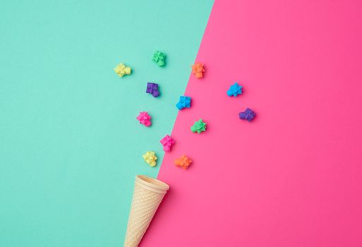 cone-shaped waffle cup on a colored background, top view