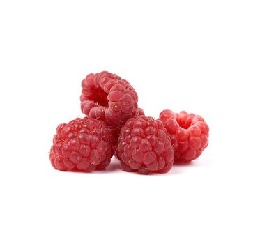 whole ripe red raspberries on a white background, summer berry