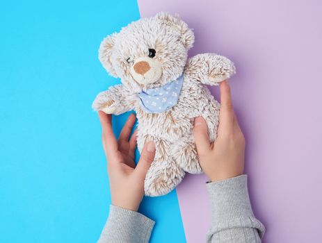 two female hands hold a small toy teddy bear on a blue background, top view