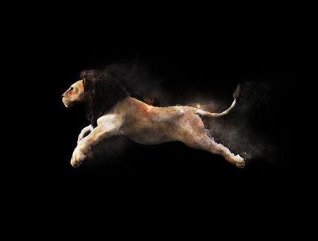 A male lion moving and jumping with dust particle effect on black background, 3d illustration