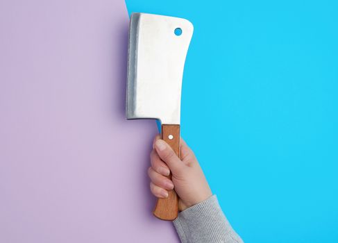 large metal knife for cutting meat in a female hand, color background