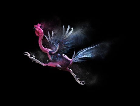 A cockfight moving and jumping with dust particle effect on black background, 3d illustration