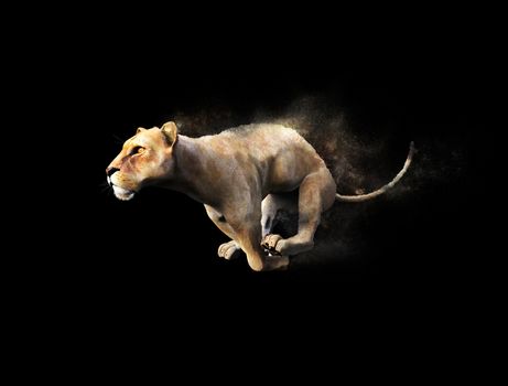 A female lion moving and running with dust particle effect on black background, 3d illustration