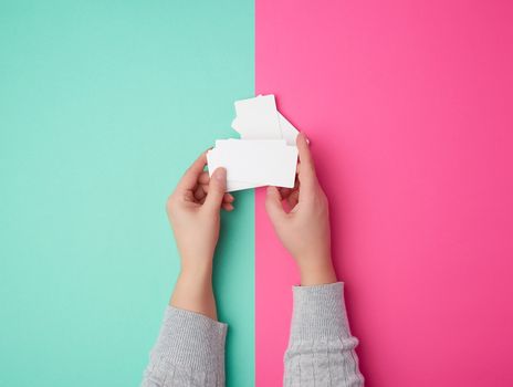 two female hands holding a stack of empty white paper business cards on a colored background, top view