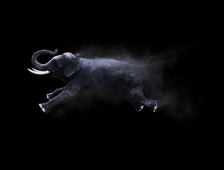 An elephant moving and jumping with dust particle effect on black background, 3d illustration