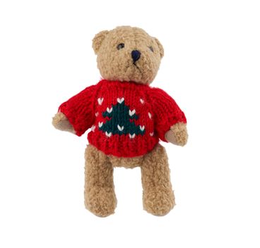 little cute brown teddy bear with in a red knitted sweater isolated on a white background, holiday toy
