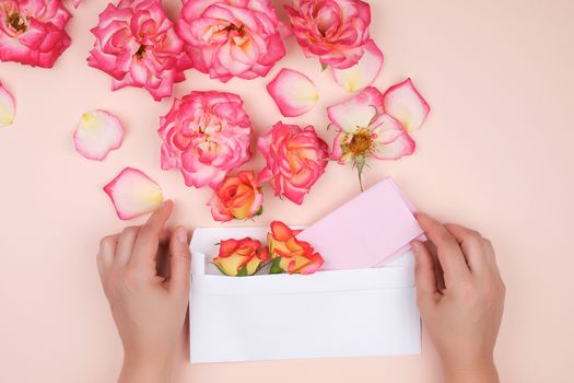 two female hands hold a brown white envelope, moisten a white sheet of paper into it, sending letters, top view