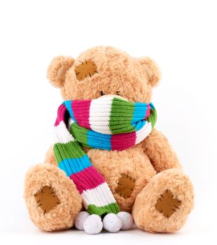 cute brown teddy bear with patches in a colored knitted scarf sitting on a white background, close up