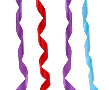 blue, red and purple satin twisted ribbons isolated on white background, close up