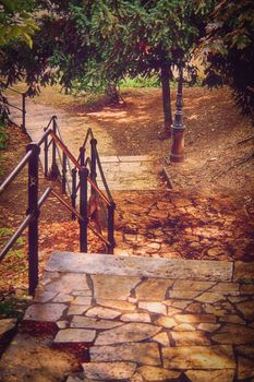 Autumn staircase with green trees and yellow leaves fallen on the ground in a city park. 