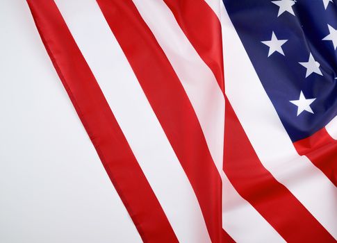 national textile flag of United States of America, surface in waves. Independence Day Background,  copy space