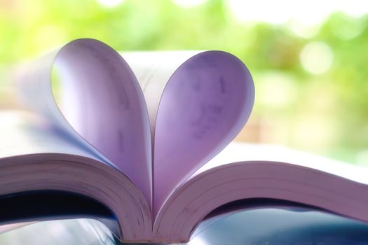 Opened book with heart shaped page on blurred natural green background, extremely DOF with soft light color tone