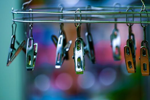 Stainless Clothes Peg Hanger on the blurred background