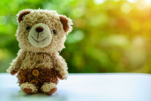 Brown bear doll sitting on blurred green natural background