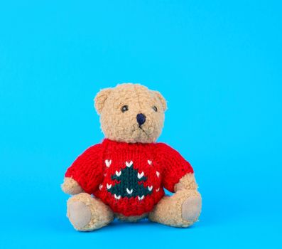 traditional toy teddy bear dressed in a red knitted sweater sits on a blue background