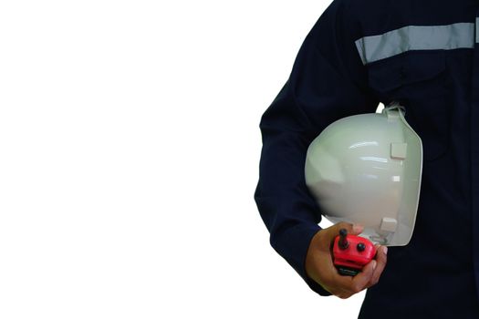Engineer holding communication radio and white security helmet isolated on the white background