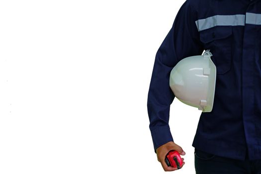 Engineer holding communication radio and white security helmet isolated on the white background