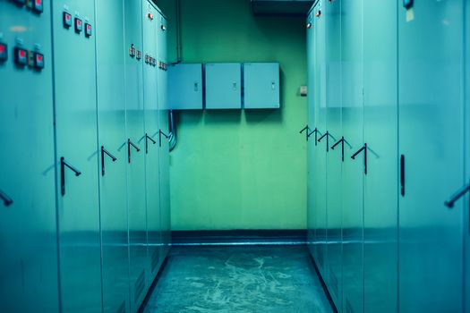 The electrical cabinet at control room with color filter effect