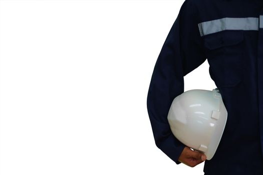 Engineer holding a white security helmet isolated on the white background, industrial concept