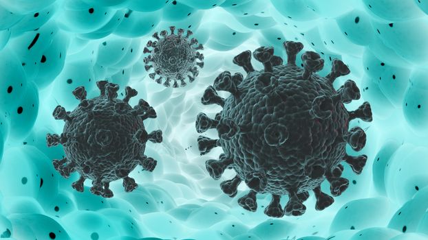 An illustration showing a coronavirus in the human body. 3D illustration