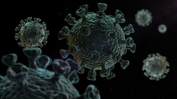 An illustration showing the structure of an epidemic virus. 3D rendering of a coronavirus on a black background