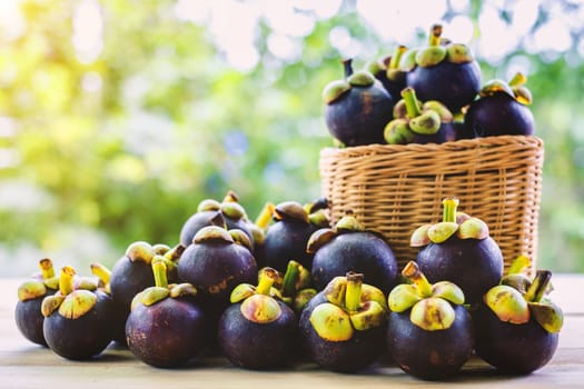 Mangosteen fruit in the basket on wooden table with blurred green background