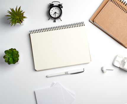 spiral notebook with empty sheets, pen and green plants in a pot, white table, workplace, copy space