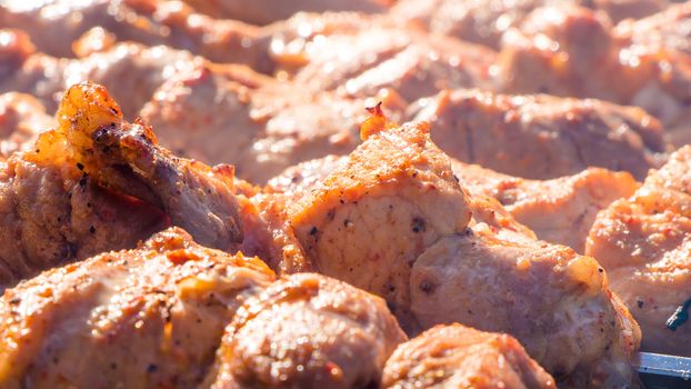 The chef prepares meat in a cafe or restaurant. Fresh raw and fried pork, beef and lamb meat on a skewer. We fry shish kebabs, barbecue, BBQ in the backyard in the summer on a weekend.