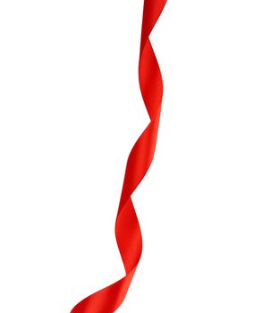 curled red satin ribbon isolated on white background, festive backdrop