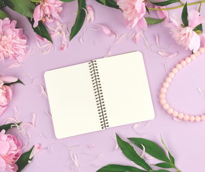 open spiral notebook with blank white pages on a purple background, blooming pink peonies around the perimeter, top view