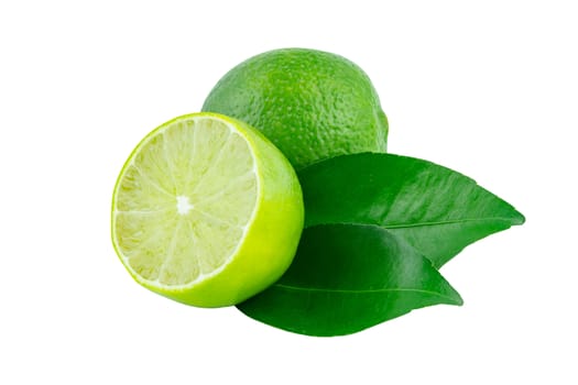 Lime with slices half and leaves isolated on white background. Green citrus fruit. with clipping path