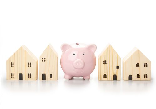 Piggy bank, Home loans saving with financial planning concept, Isolated on white background.