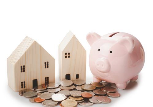 Piggy bank, coins, Home loans saving with financial planning concept, Isolated on white background.
