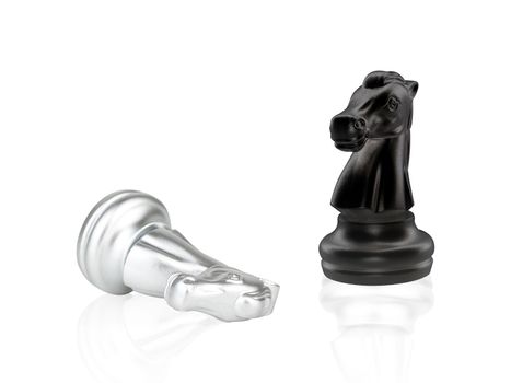 The Knight Chess pieces battle, black and silver isolated on white background
