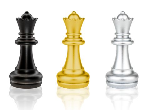 The black, gold and silver Queen Chess pieces battle isolated on white background