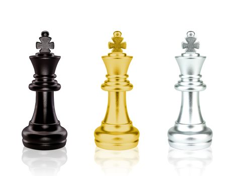 The black, gold and silver King Chess pieces battle isolated on white background