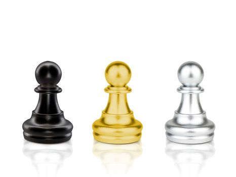 The black, gold and silver Pawn Chess pieces battle isolated on white background