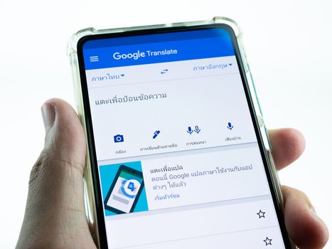 BANGKOK ,THAILAND - MARCH 21, 2020 : Google Translate application on Huawei P30 screen. Google Translate is a free multilingual statistical machine translation service provided by Google