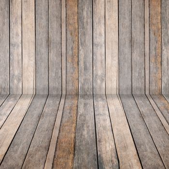 Empty vintage wooden shelf and wall isolated on white background.