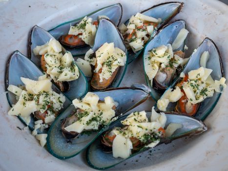 Mussels with cheese and herbs on the plate