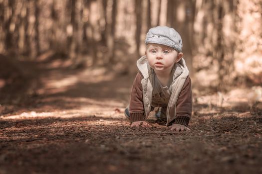 A lone little caucasian baby boy climbs a forest path. Blurred background. Monochrome tuning.