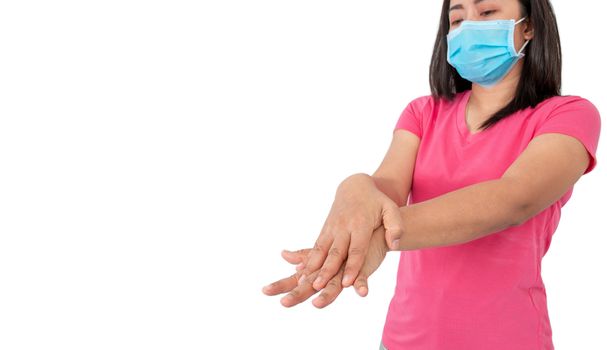 During the coronavirus (COVID-19) epidemic, A woman washing her hands with alcohol gel isolated on white background